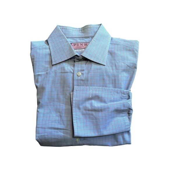 Thomas Pink Blue Check French Cuff 16.5 35 Made In England Point Collar 42/89cm - Picture 2 of 8